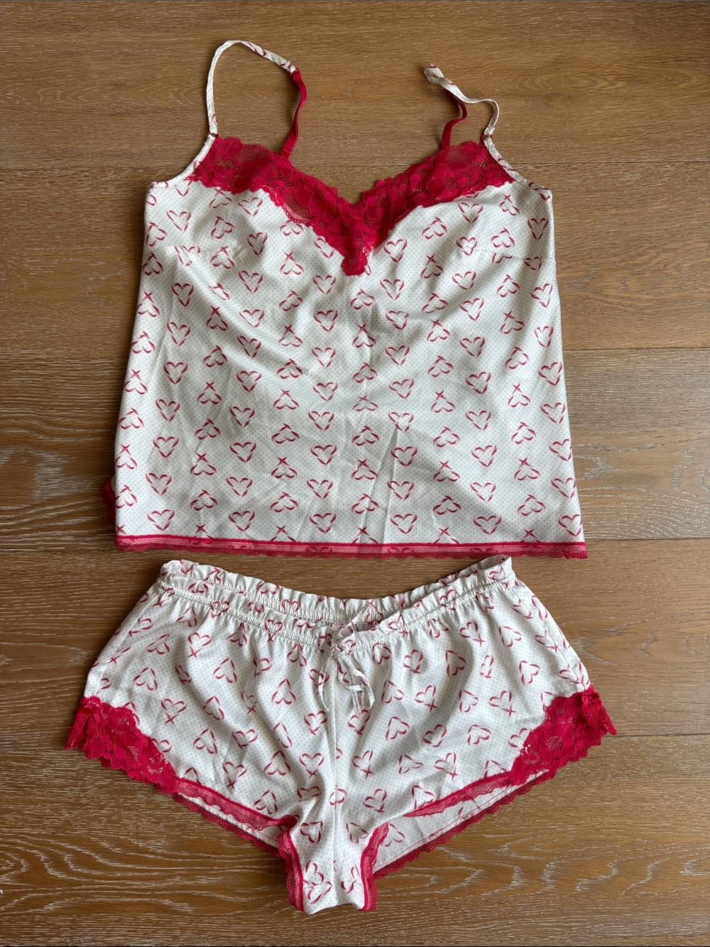 Victoria's Secret Cream & Red Heart Lace Cami and Short Pajama Set